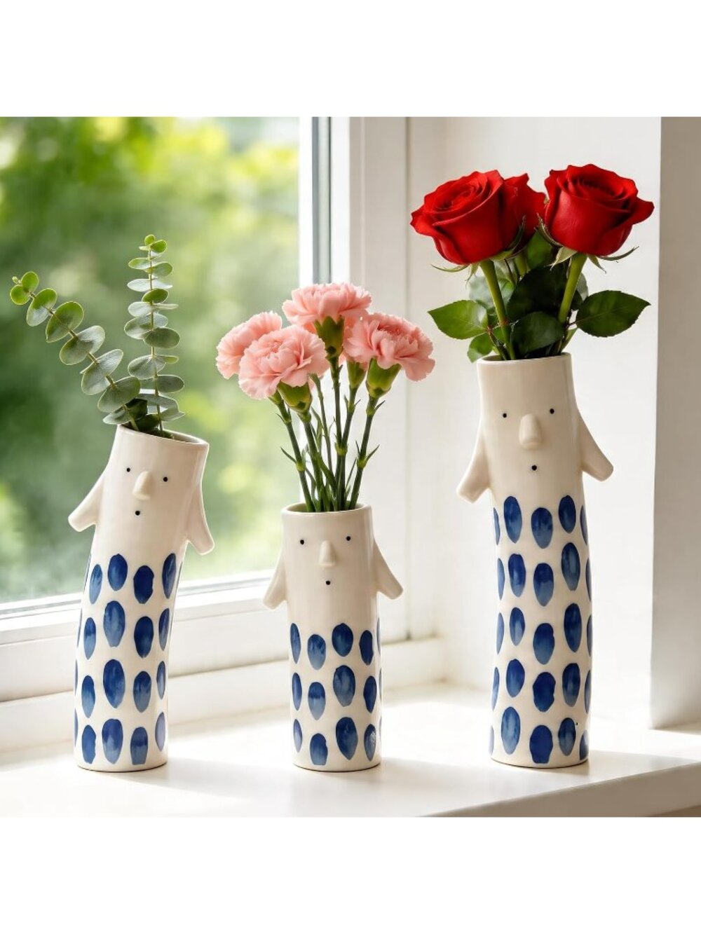 Cute Family Face Vases Set of 3, Ceramic Bud Flower Vases, Aesthetic Home Decor